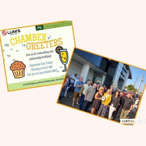 A flyer for 'Chamber Greeters' with a cupcake and drink, next to a group photo of people outside Lum's Buick GMC.