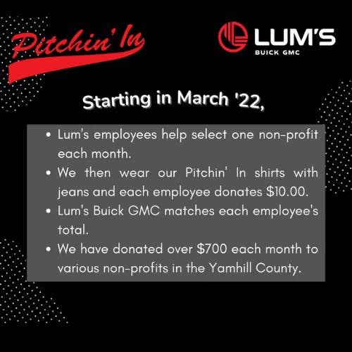 Description of Lum's Buick GMC Pitchin In program for donating to non-profits.